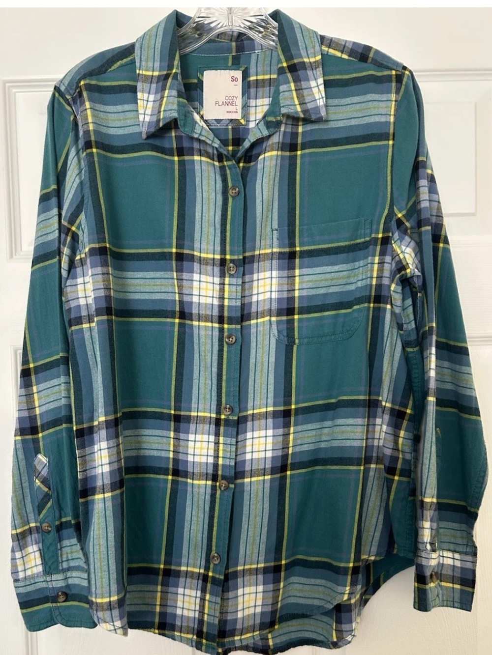 So Cozy Flannel Shirt Long Sleeve Teal Plaid Juniors Size Large